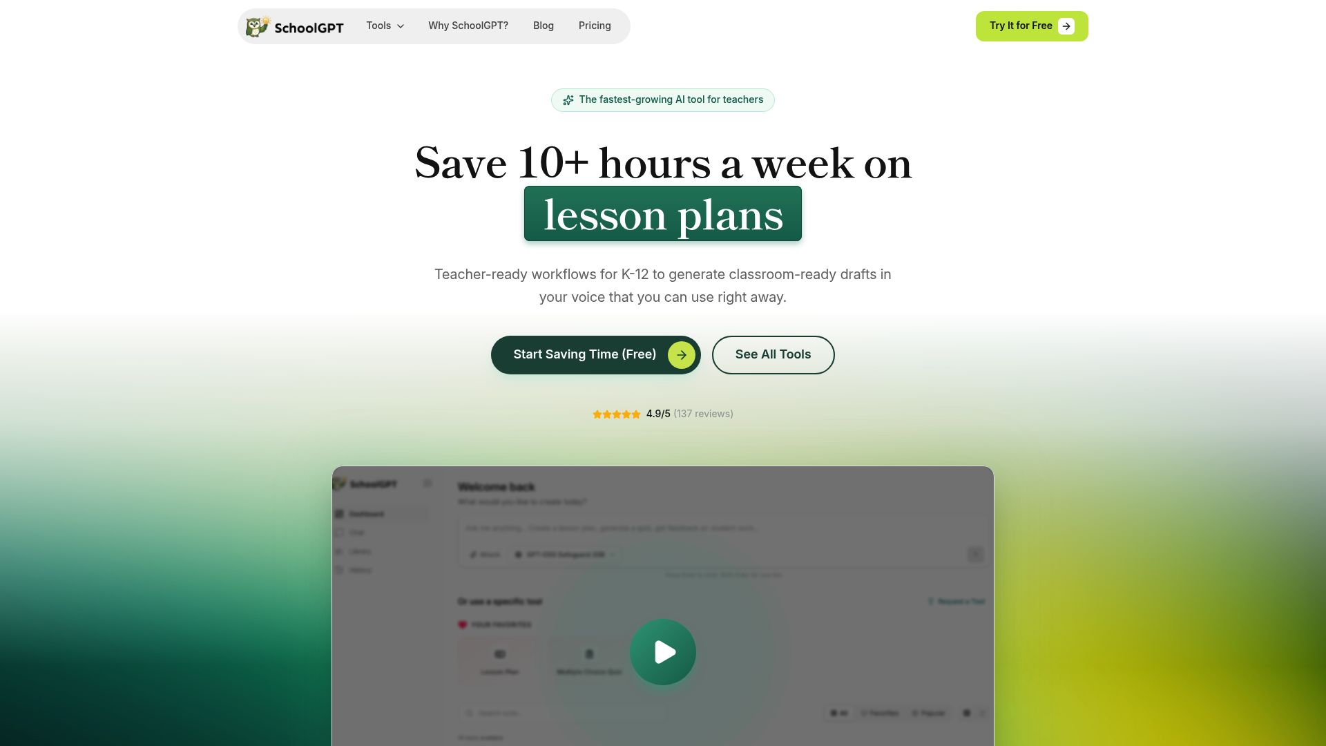 SchoolGPT interface showing AI-powered teaching tools